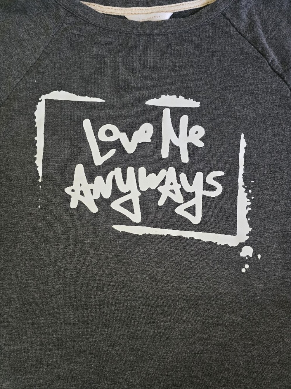 LC Lauren Conrad Charcoal and White 'Love Me Anyways' 3/4 Sleeve Tee - Picture 1 of 6